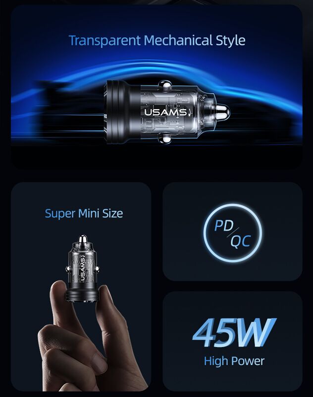 USAMS φορτιστής αυτοκινήτου US-CC175, USB & USB-C, 45W, QC & PD, μαύρος - Image 3
