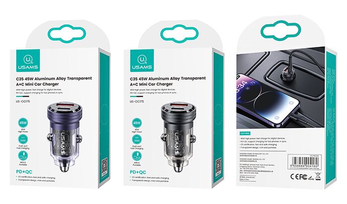 USAMS φορτιστής αυτοκινήτου US-CC175, USB & USB-C, 45W, QC & PD, μαύρος - Image 6