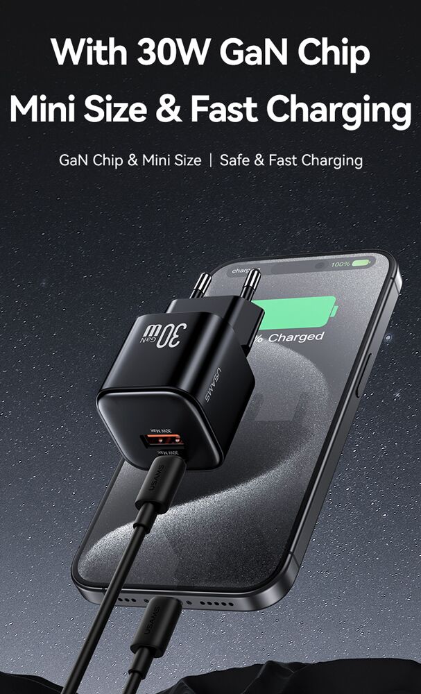 USAMS φορτιστής τοίχου CC263, USB & USB-C, 30W, GaN, λευκός - Image 2