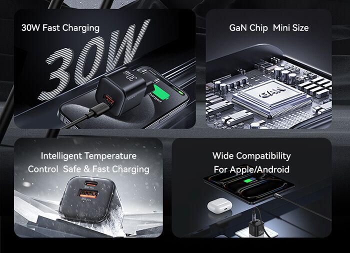 USAMS φορτιστής τοίχου CC263, USB & USB-C, 30W, GaN, λευκός - Image 3