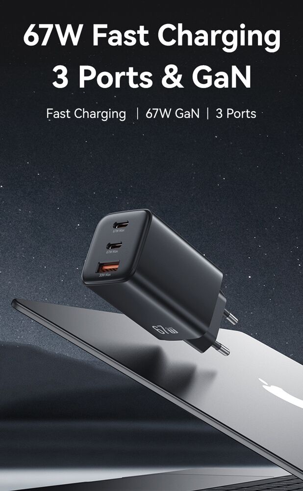 USAMS φορτιστής τοίχου CC265, USB & 2x USB-C, 67W, GaN, μαύρος - Image 2