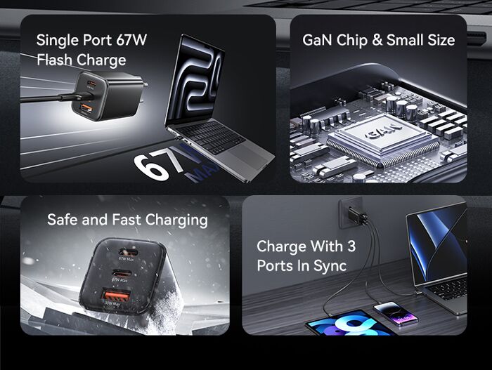 USAMS φορτιστής τοίχου CC265, USB & 2x USB-C, 67W, GaN, μαύρος - Image 3