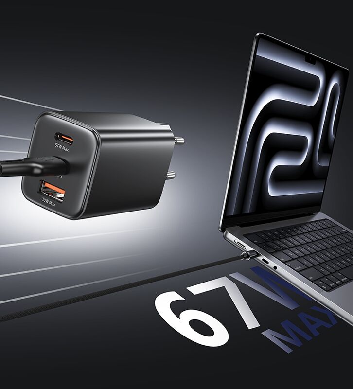 USAMS φορτιστής τοίχου CC265, USB & 2x USB-C, 67W, GaN, μαύρος - Image 4