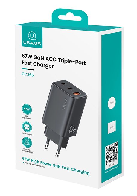 USAMS φορτιστής τοίχου CC265, USB & 2x USB-C, 67W, GaN, μαύρος - Image 9