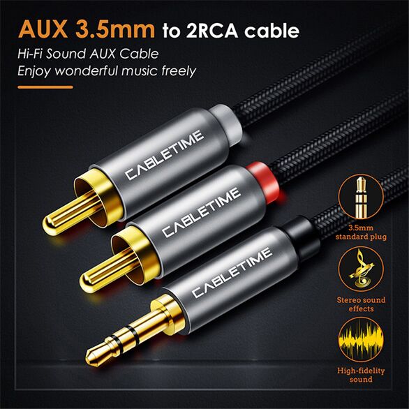 CABLETIME καλώδιο ήχου 3.5mm σε 2x RCA CT-P12G, 5m, μαύρο - Image 2