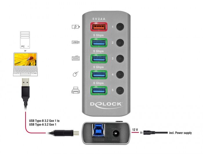 DELOCK USB hub 63262 με διακόπτες, 5x θυρών, 5Gbps, 2.4A, γκρι - Image 2