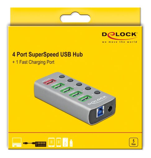 DELOCK USB hub 63262 με διακόπτες, 5x θυρών, 5Gbps, 2.4A, γκρι - Image 3