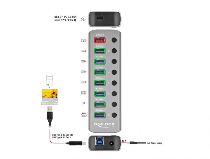 DELOCK USB hub 63264 με διακόπτες, 9x θυρών, 5Gbps, 12V/2.25A PD, γκρι - Image 2