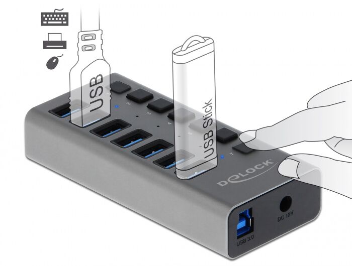 DELOCK USB hub 63669 με διακόπτες, 7x θυρών, 5Gbps, γκρι - Image 2