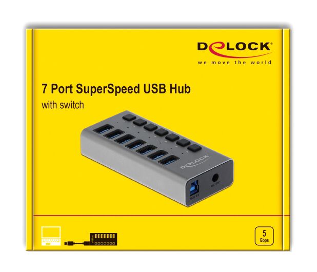 DELOCK USB hub 63669 με διακόπτες, 7x θυρών, 5Gbps, γκρι - Image 4