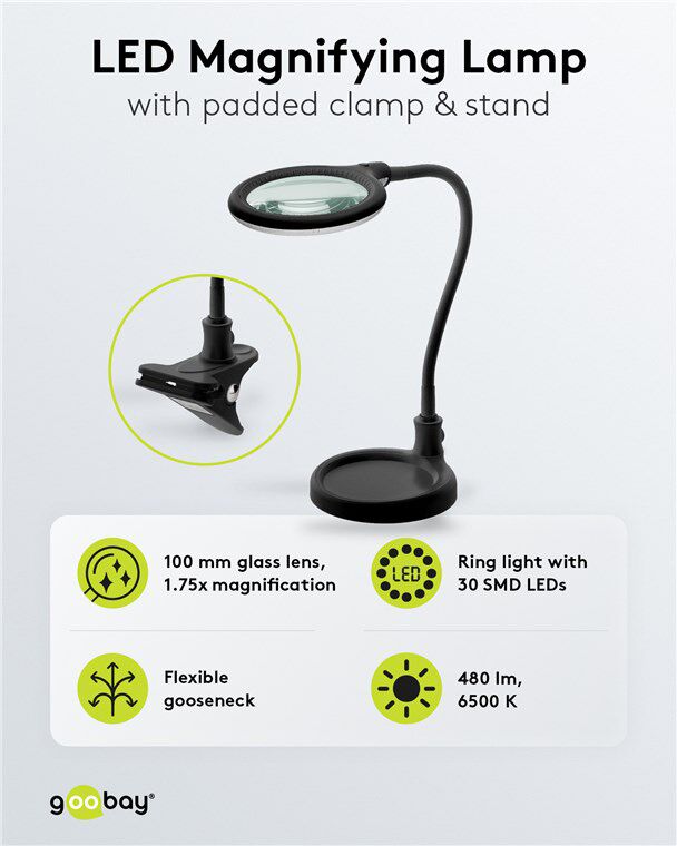 GOOBAY μεγεθυντικός φακός 64990 με κλιπ & βάση, LED, 3 διόπτρες 1.75x - Image 3