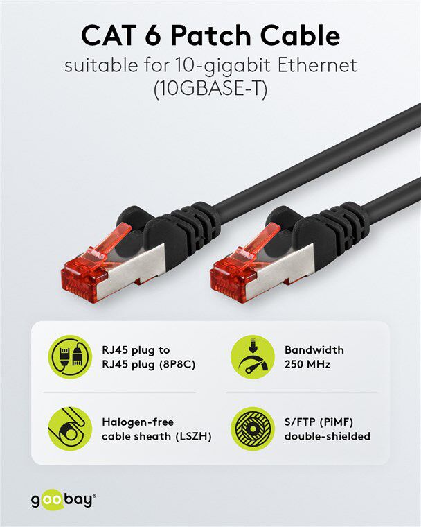 GOOBAY καλώδιο δικτύου 68696, CAT 6 S/FTP, copper, 250MHz, 2m, μαύρο - Image 2
