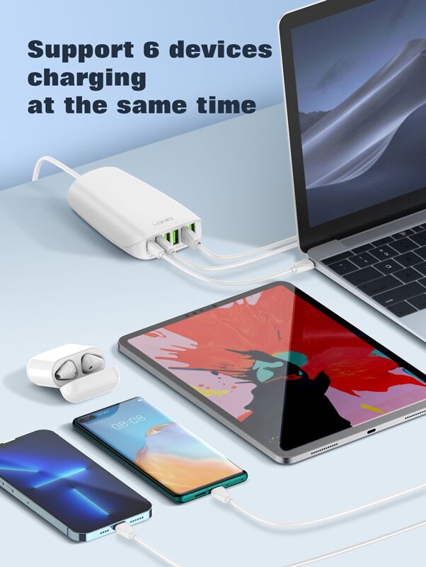 LDNIO σταθμός φόρτισης A6573C, USB-C/5x USB, 65W, PD/QC, λευκός - Image 2