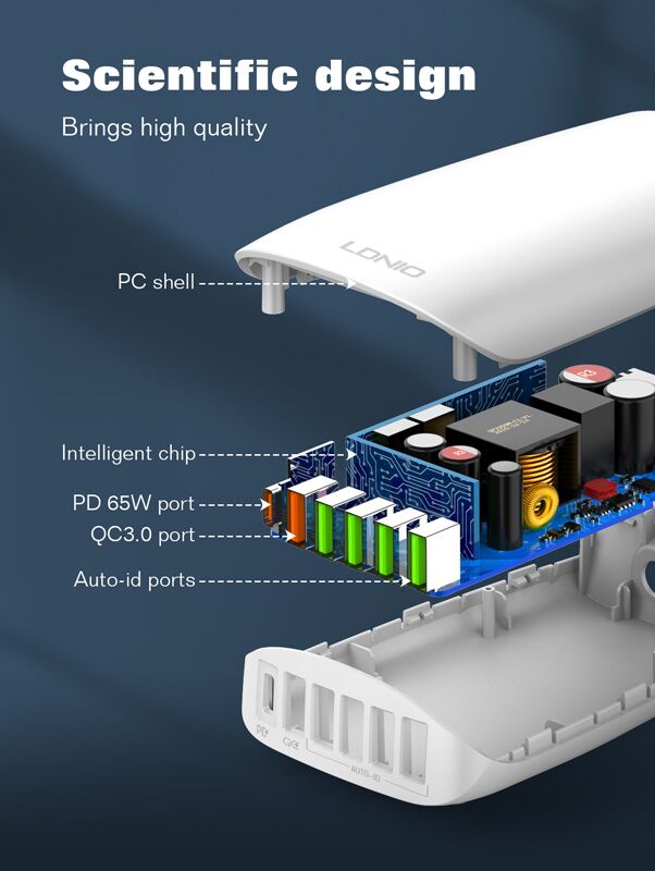 LDNIO σταθμός φόρτισης A6573C, USB-C/5x USB, 65W, PD/QC, λευκός - Image 6