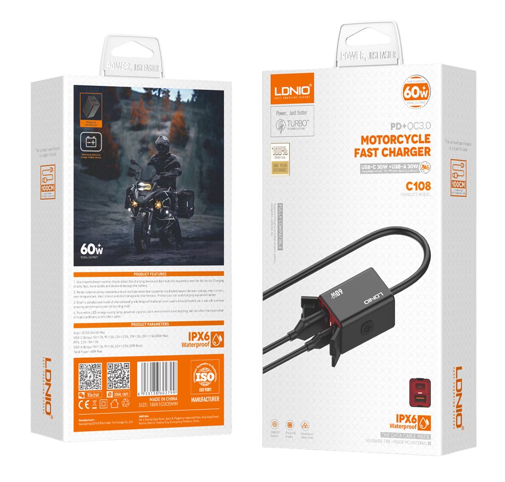 LDNIO φορτιστής μοτοσυκλέτας C108 με καλώδιο, USB/USB-C, 60W, μαύρος - Image 4