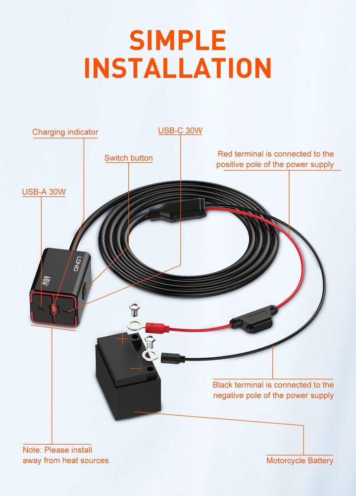 LDNIO φορτιστής μοτοσυκλέτας C108 με καλώδιο, USB/USB-C, 60W, μαύρος - Image 11
