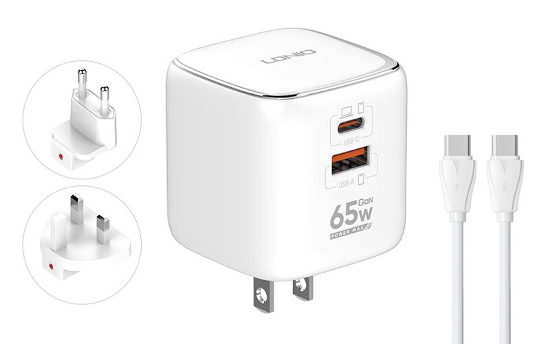 LDNIO φορτιστής τοίχου Q2617 με καλώδιο USB-C, EU/UK/US βύσμα, USB/USB-C, 65W, GaN, λευκός