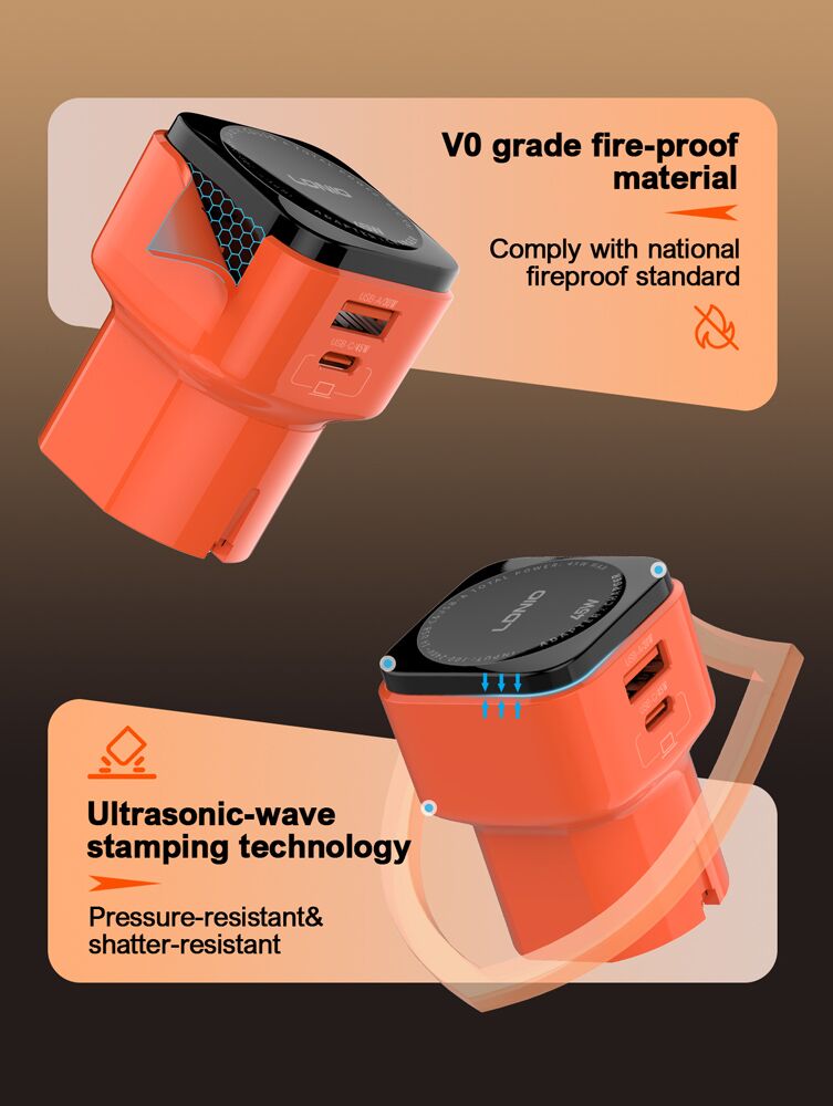 LDNIO φορτιστής τοίχου Q2420 με καλώδιο, USB/USB-C, 45W, universal πρίζα, πορτοκαλί - Image 7