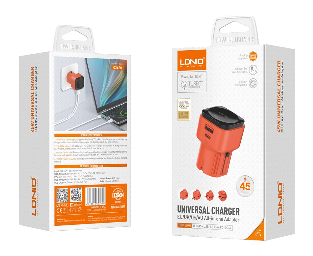 LDNIO φορτιστής τοίχου Q2420 με καλώδιο, USB/USB-C, 45W, universal πρίζα, πορτοκαλί - Image 9