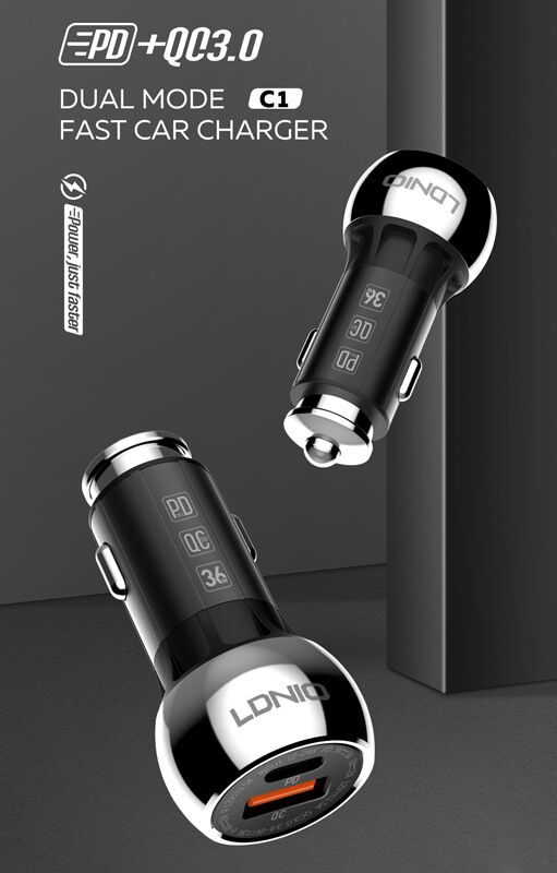 LDNIO φορτιστής αυτοκινήτου C1 με καλώδιο, USB & USB-C, 38W PD, μαύρος - Image 2