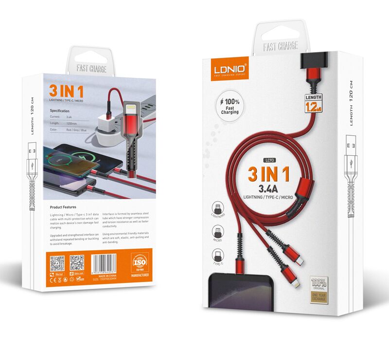 LDNIO καλώδιο USB σε USB-C/Lightning/Micro USB LC93, 3.4A, 1.2m, γκρι - Image 5