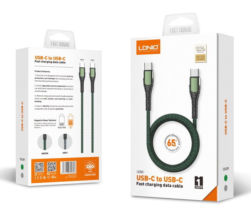 LDNIO καλώδιο USB-C σε USB-C LC101, 65W PD, 1m, γκρι - Image 6