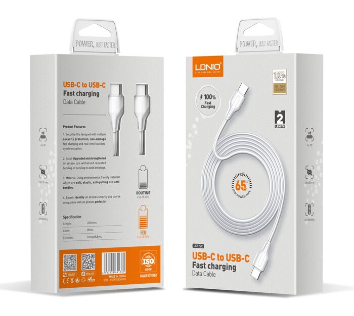 LDNIO καλώδιο USB-C σε USB-C LC122C, 65W PD, 2m, λευκό - Image 6