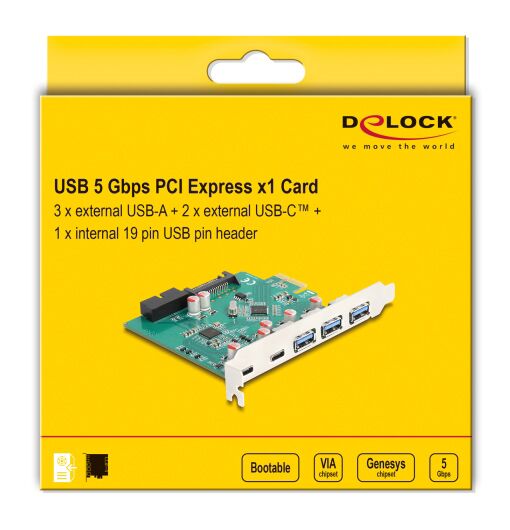 DELOCK κάρτα επέκτασης PCIe x1 σε 3x USB/2x USB-C/19-pin 90109, 5Gbps - Image 4