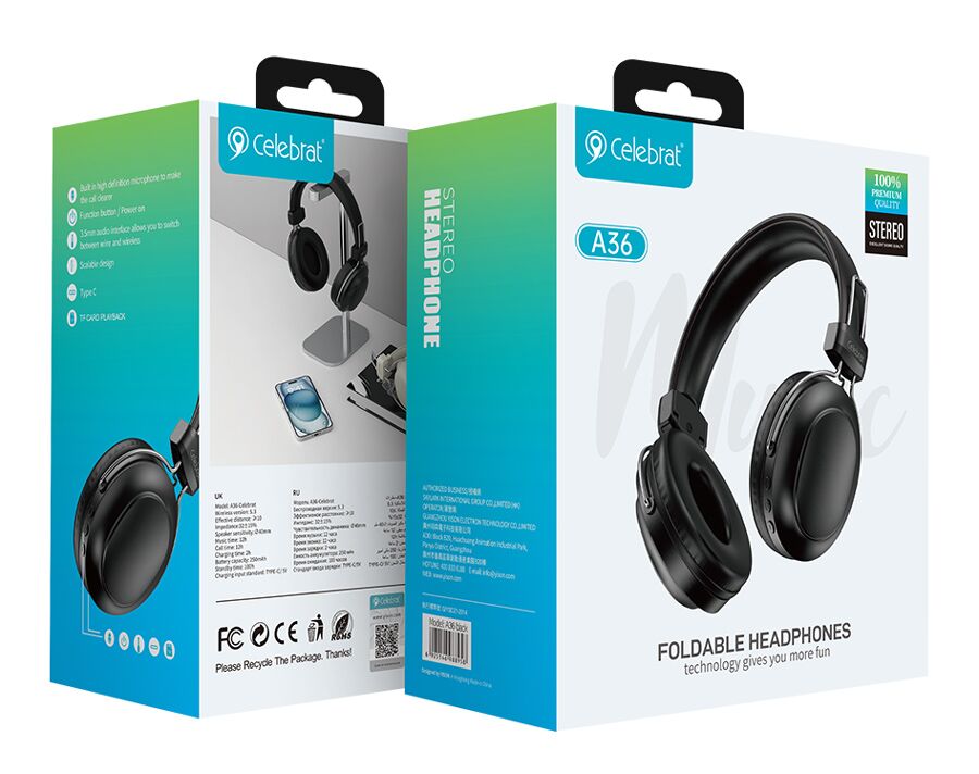 CELEBRAT headphones A36, ασύρματα & ενσύρματα, micro SD, 40mm, 250mAh, μαύρα - Image 5