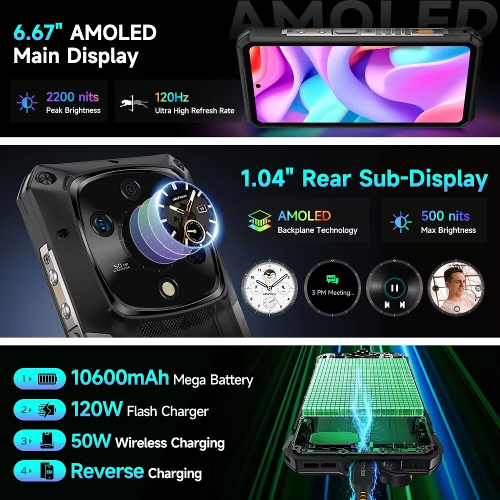 ULEFONE smartphone Armor 28 Pro, 6.67" & 1.04, 16/512GB, 5G, 10600mAh, IP68/IP69K/MIL-STD-810H, μαύρο - Image 13
