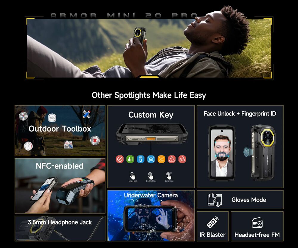 ULEFONE smartphone Armor Mini 20 Pro, 4.7", 8/256GB, 5G, 6200mAh, IP68/IP69K, μαύρο - Image 12