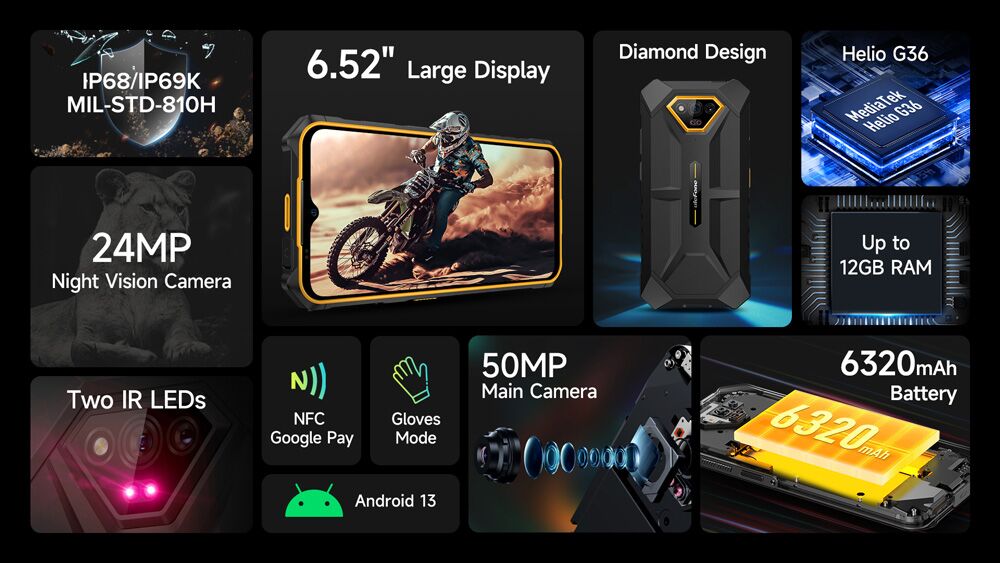 ULEFONE smartphone Armor X13, 6.52", 6/64GB, 6320mAh, IP68/IP69K, μαύρο - Image 2