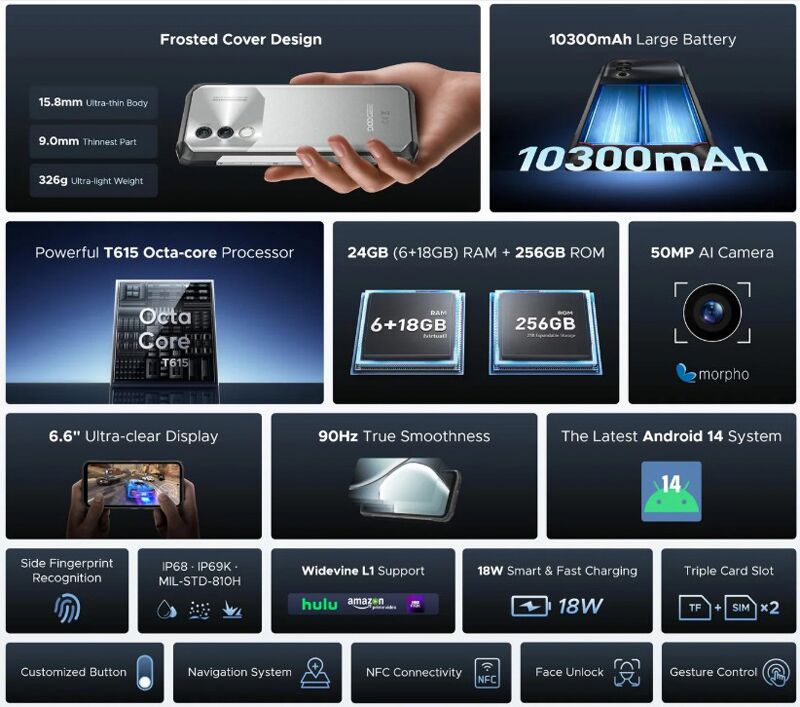 DOOGEE smartphone Blade10 Power, 6.6", 6/256GB, 10300mAh, IP68/IP69K, μαύρο - Image 2