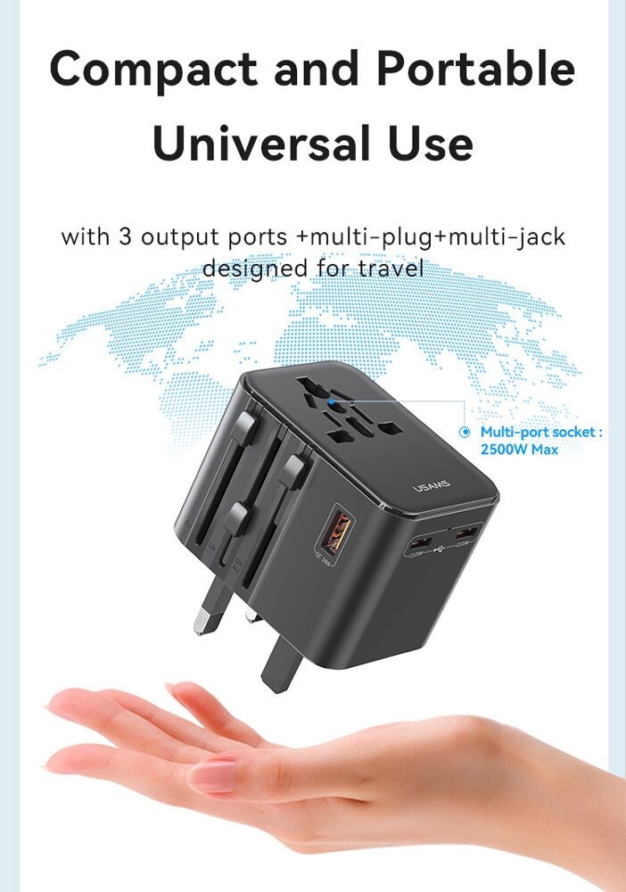 USAMS φορτιστής/αντάπτορας πρίζας CC309, USB & 2x USB-C, universal, 25W, μαύρος - Image 2