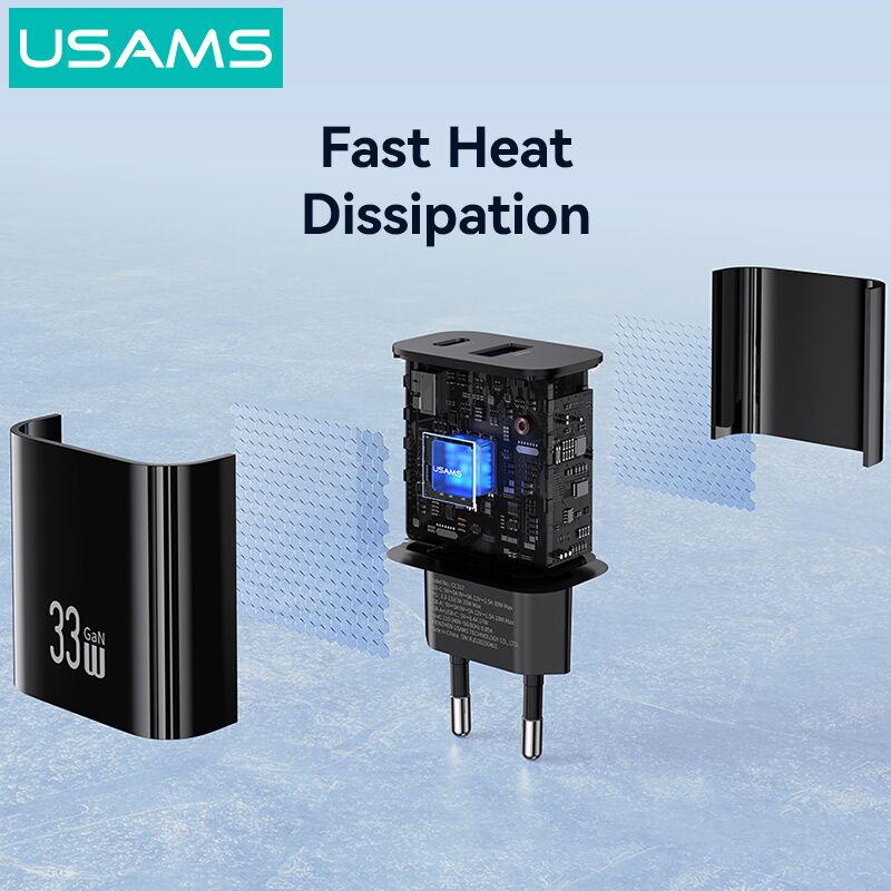 USAMS φορτιστής τοίχου CC317, USB & USB-C, 33W, GaN, μαύρος - Image 5