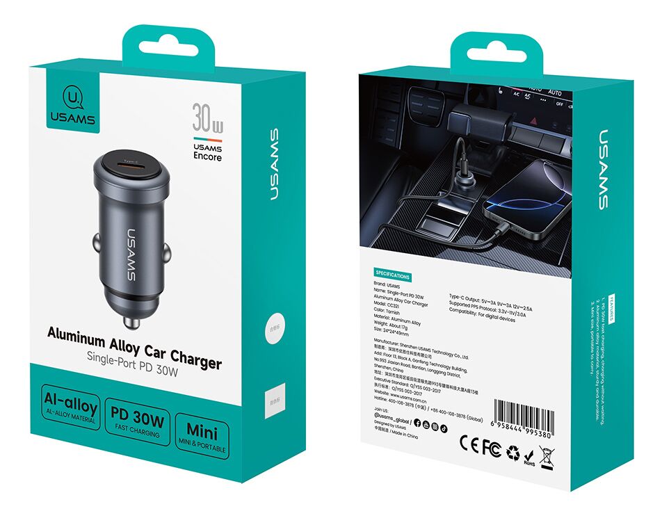USAMS φορτιστής αυτοκινήτου CC321, USB-C, 30W, γκρι - Image 7