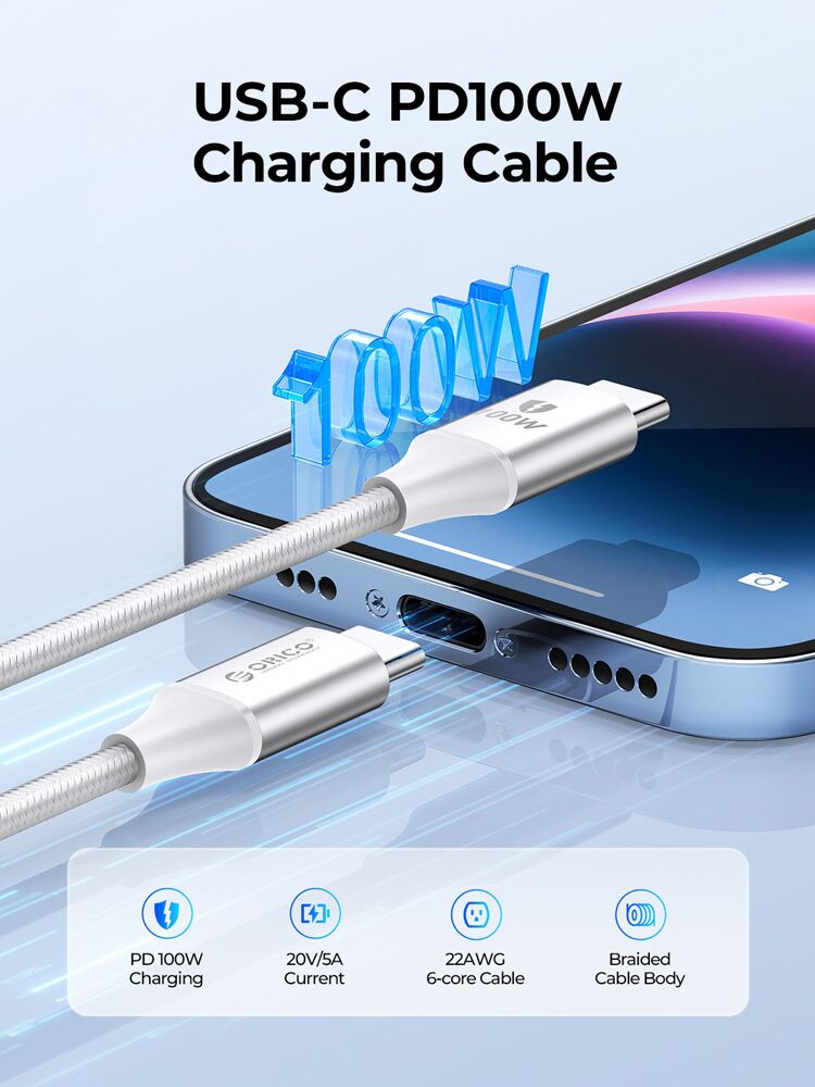 ORICO καλώδιο USB-C CDX-100CC, 100W, 480Mbps, 1m, λευκό - Image 2