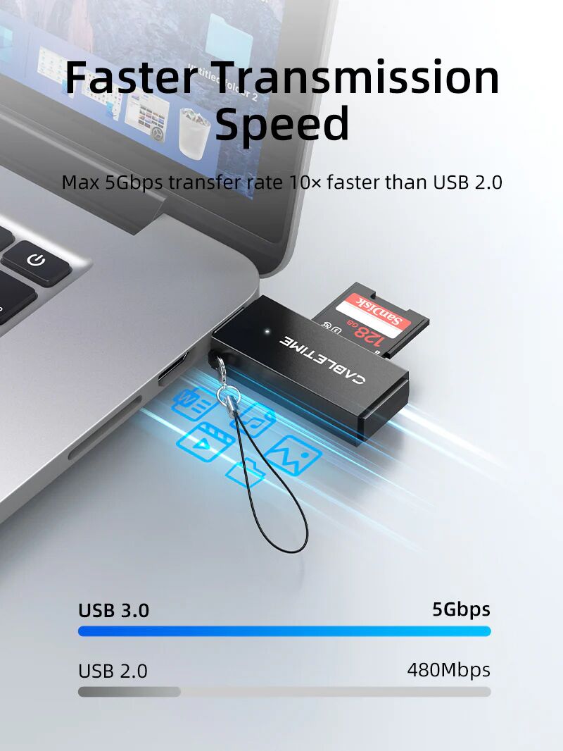 CABLETIME card reader CT-ASD3-PB για SD & micro SD, USB, 5Gbps, μαύρο - Image 2