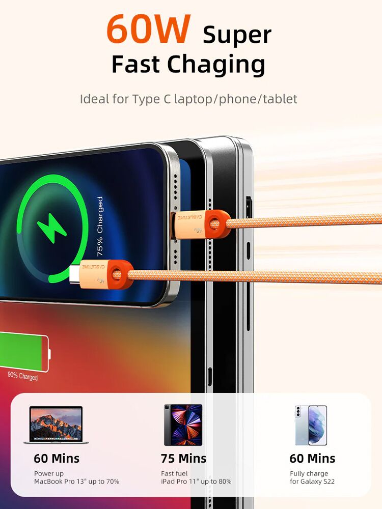 CABLETIME καλώδιο USB-C CT-CM60-PBW, 60W PD, 480Mbps, 0.25m, μαύρο - Image 2