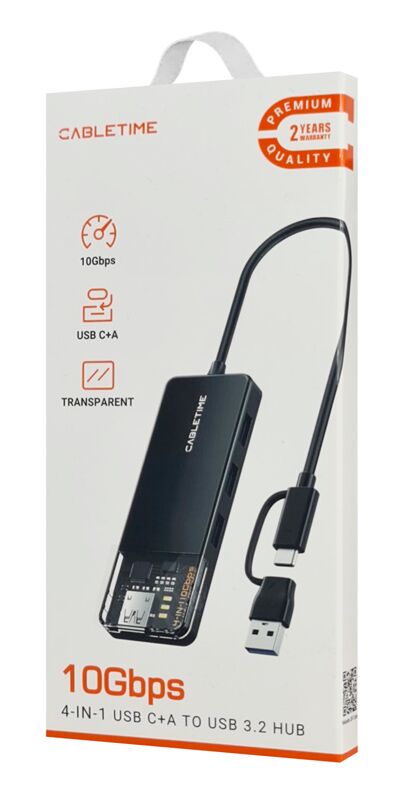 CABLETIME USB hub CT-HUBT5-PB, 4x θυρών, 10Gbps, USB/USB-C σύνδεση, μαύρο - Image 10