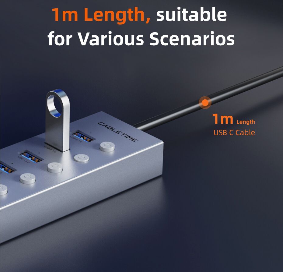 CABLETIME USB hub CT-HUBU7-AG, 7x θυρών, 5Gbps, USB σύνδεση, 1m, γκρι - Image 10