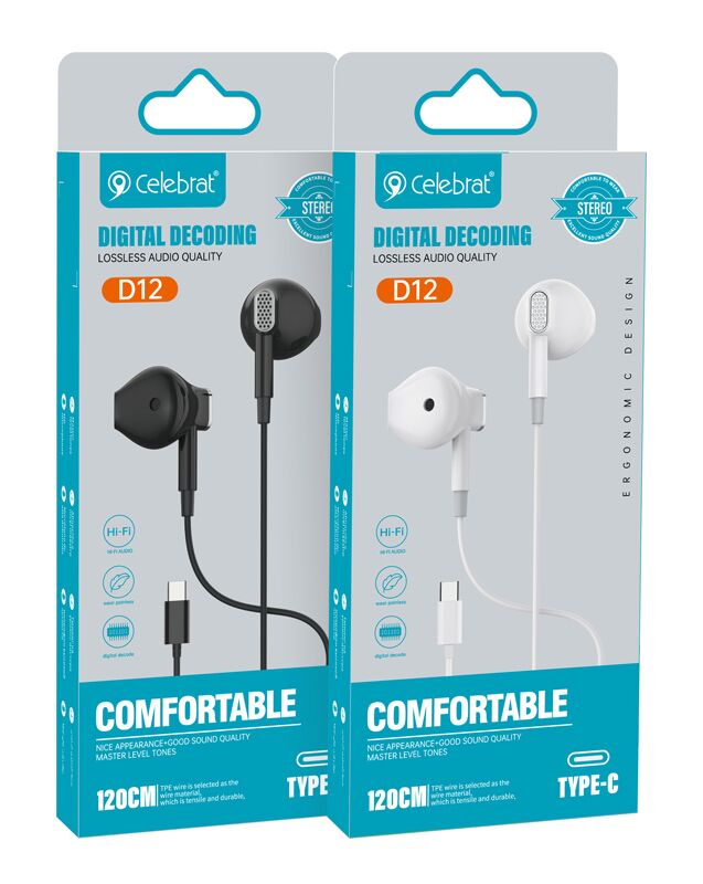 CELEBRAT earphones με μικρόφωνο D12, USB-C σύνδεση, Φ14.2mm, 1.2m, μαύρα - Image 4