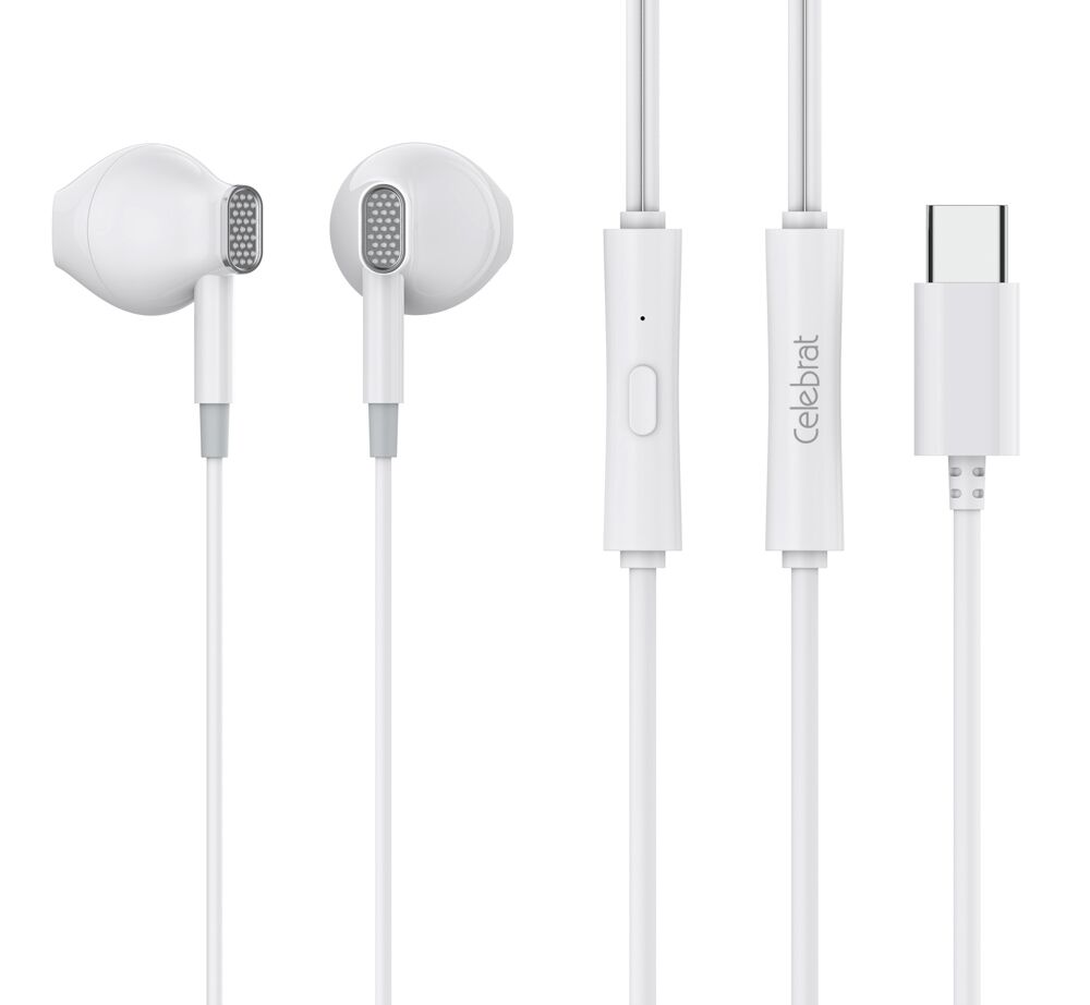 CELEBRAT earphones με μικρόφωνο D12, USB-C σύνδεση, Φ14.2mm, 1.2m, λευκά