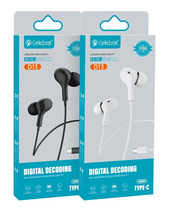 CELEBRAT earphones με μικρόφωνο D13, USB-C σύνδεση, Φ10mm, 1.2m, μαύρα - Image 3
