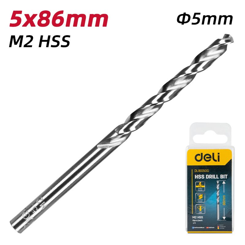 DELI σετ τρυπάνια DL16050G για μέταλλο, M2 HSS, 5x86mm, κυλινδρικό, 10τμχ - Image 2