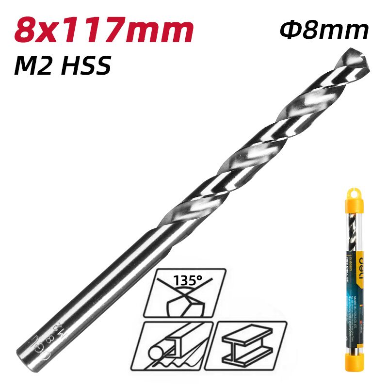 DELI τρυπάνι DL16080G για μέταλλο, M2 HSS, 8x117mm, κυλινδρικό - Image 2
