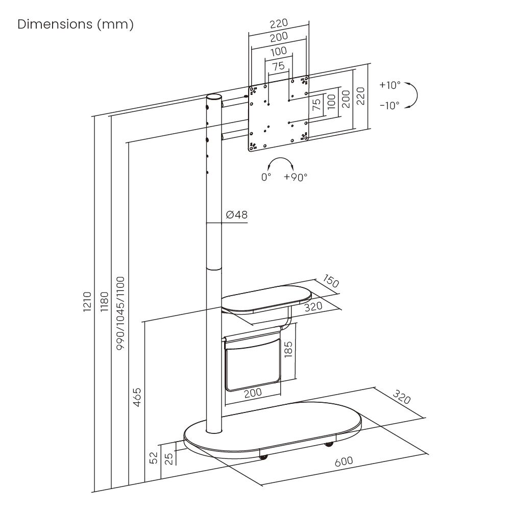 BRATECK βάση τηλεόρασης δαπέδου FS54-22T-02W, 17-43", έως 15kg, με ράφι & ροδάκια, λευκή - Image 7