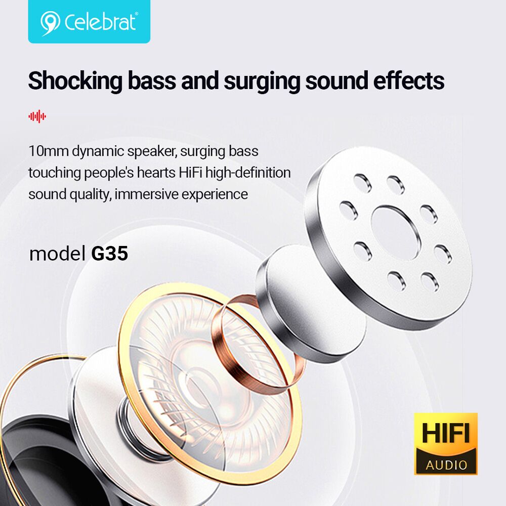 CELEBRAT earphones με μικρόφωνο G35, 3.5mm σύνδεση, 10mm, 1.2m, λευκά - Image 3
