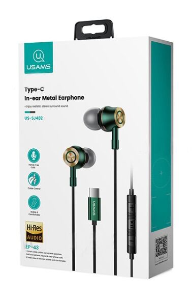 USAMS earphones με μικρόφωνο US-SJ482, USB-C, Φ10mm, 1.2m, πράσινα - Image 7