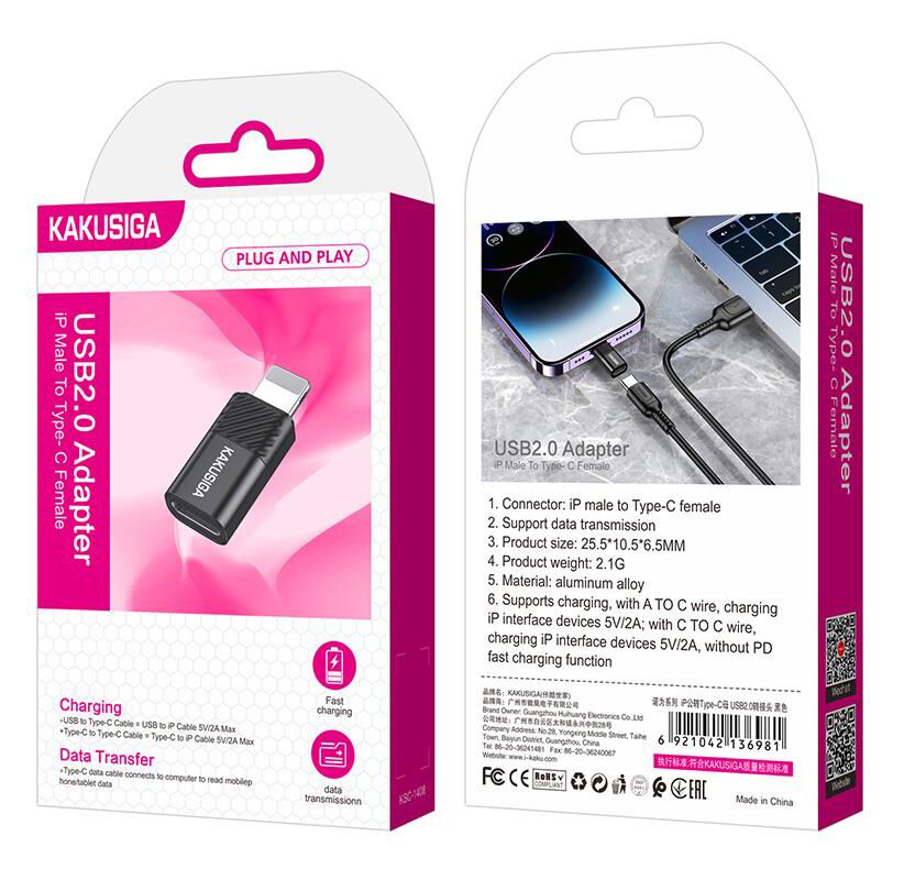 KAKUSIGA αντάπτορας Lightning σε USB-C KSC-1408, 480Mbps, 2A, μαύρος - Image 4